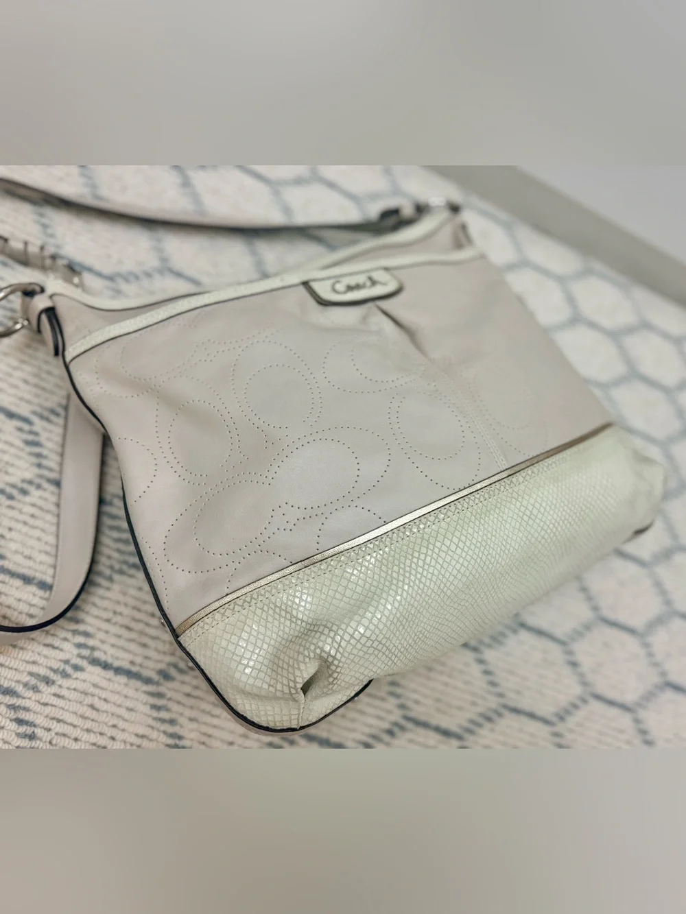 COACH Vintage Y2K Ivory Park Perforated & Snakeskin Embossed Leather Hobo Bag